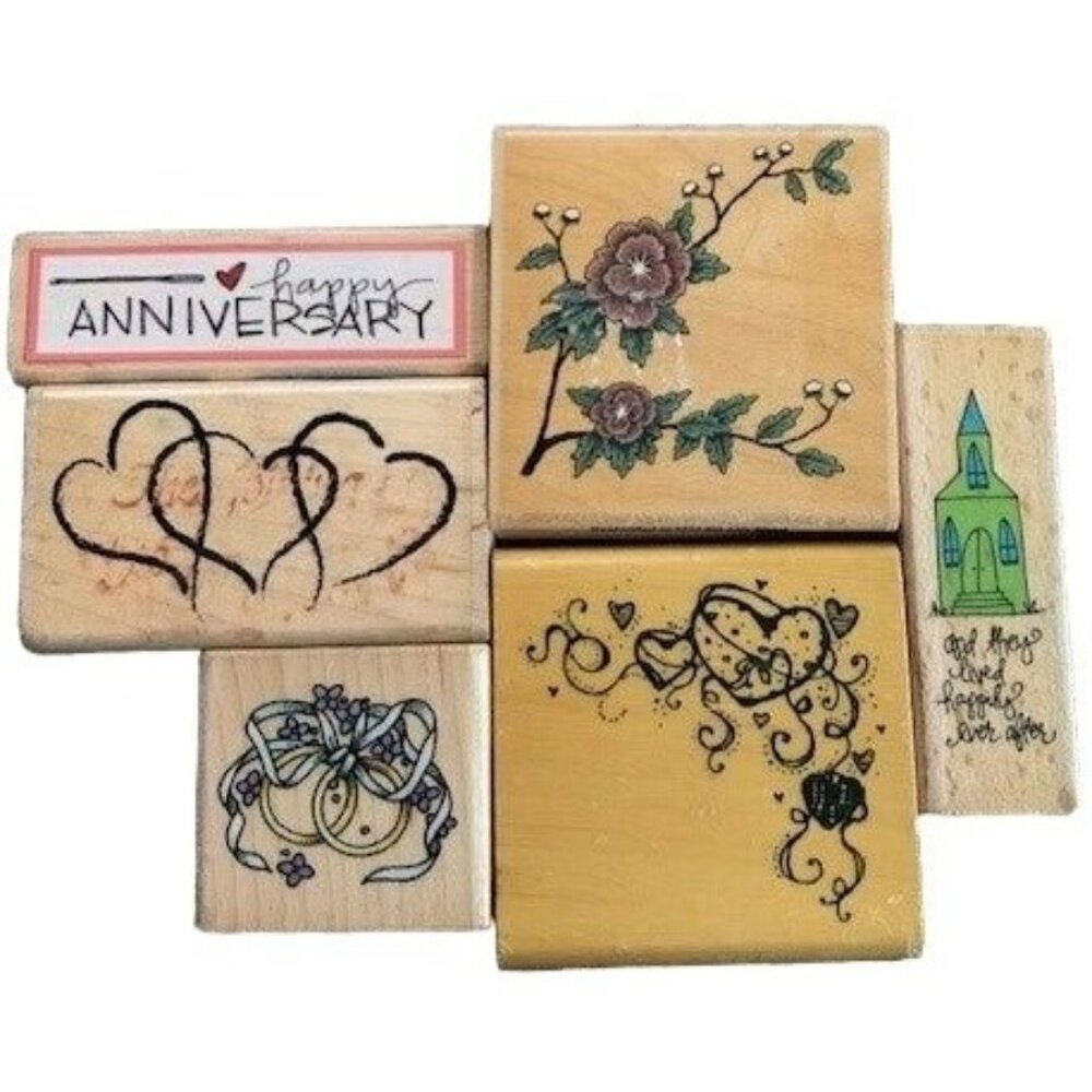 Wooden Rubber Stamp Set Floral Hearts Wedding Anniversary Creative Crafting